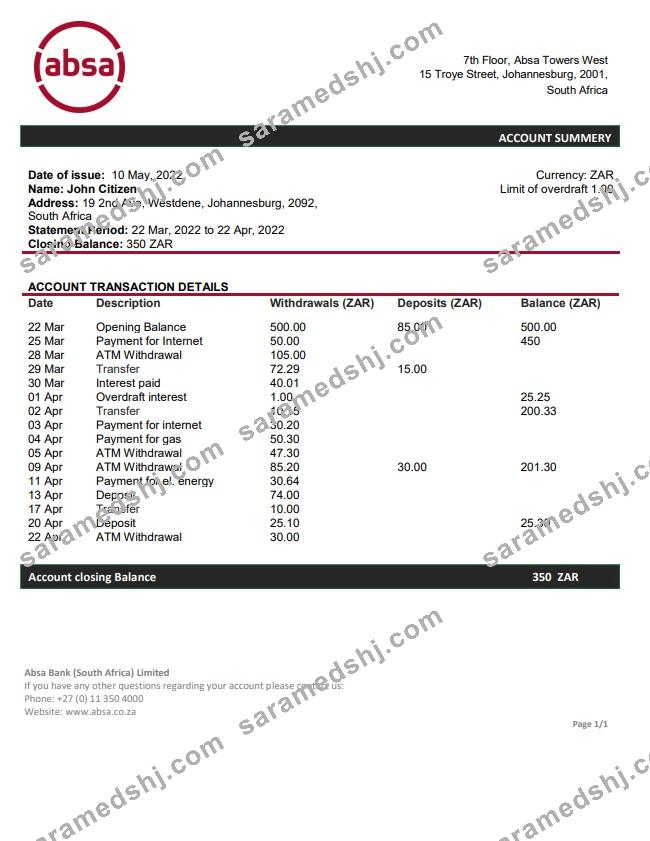 South Africa ABSA bank statement